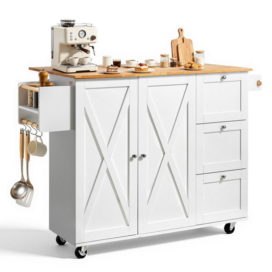 VEVOR Kitchen Island Cart with Solid Wood Top, 45.3" Width Mobile Carts with Storage Cabinet, Rolling Kitchen Table with Spice Rack, Towel Rack, Drop Leaf and Drawer, Portable Islands on Wheels, White