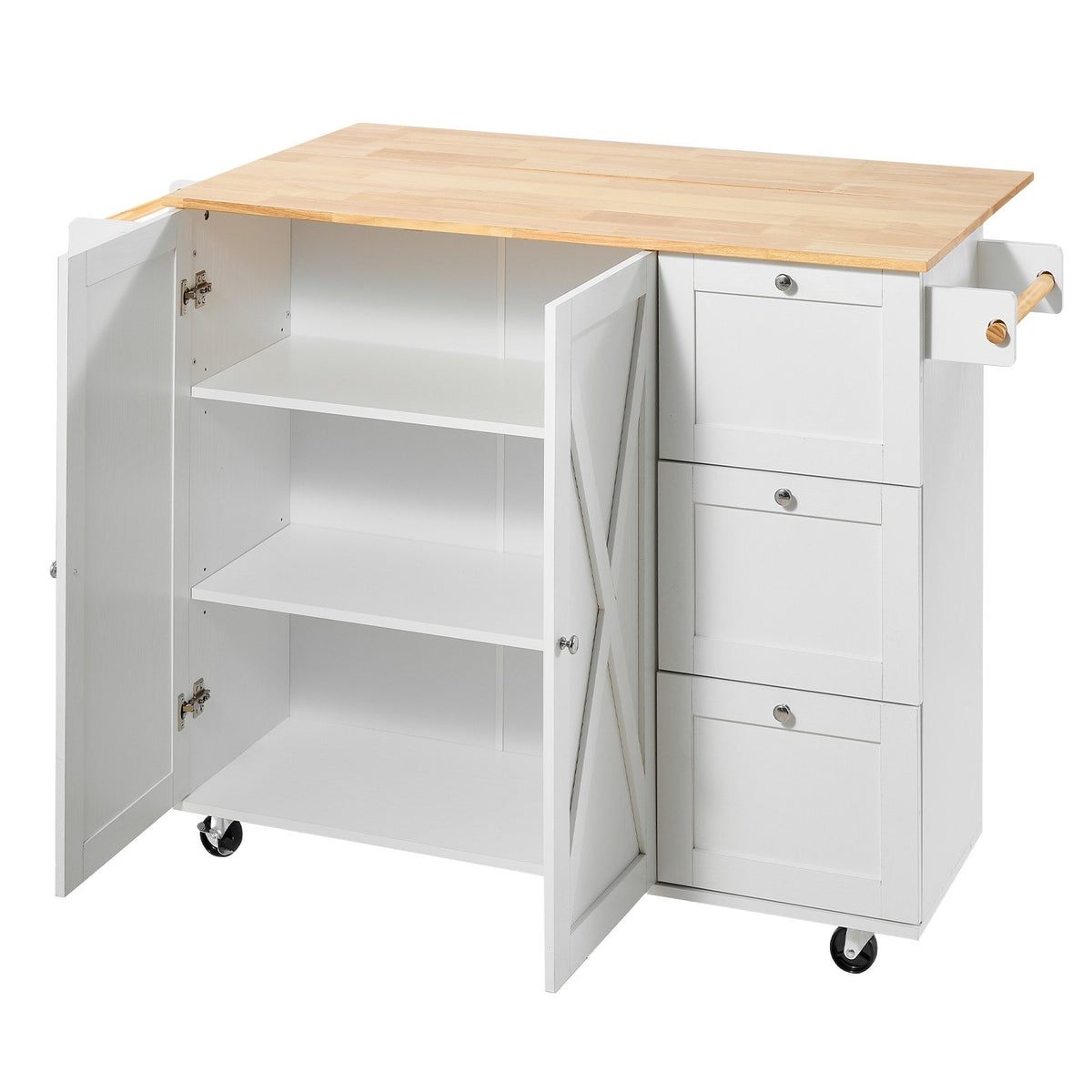 VEVOR Kitchen Island Cart with Solid Wood Top, 45.3" Width Mobile Carts with Storage Cabinet, Rolling Kitchen Table with Spice Rack, Towel Rack, Drop Leaf and Drawer, Portable Islands on Wheels, White