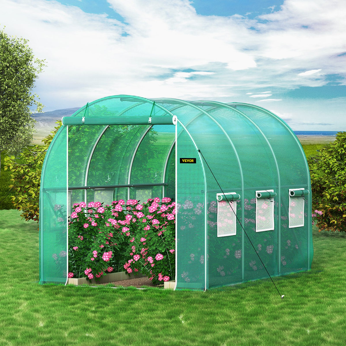 VEVOR Walk-in Tunnel Greenhouse, 9.8 x 6.6 x 6.6 ft Portable Plant Hot House with Galvanized Steel Hoops, 1 Top Beam, Diagonal Poles, Zippered Door & 6 Roll-up Windows, Green