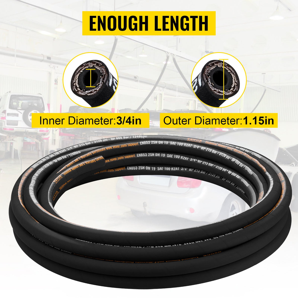 VEVOR Hydraulic Hose 3/4 inch x 50 ft, Coiled Hydraulic Hose 3120 PSI, Rubber Hydraulic Hose with 2 High-Tensile Steel Wire Braid, Bulk Hydraulic Hose -20℃ to 140℃, Hydraulic Oil Flexible Hose