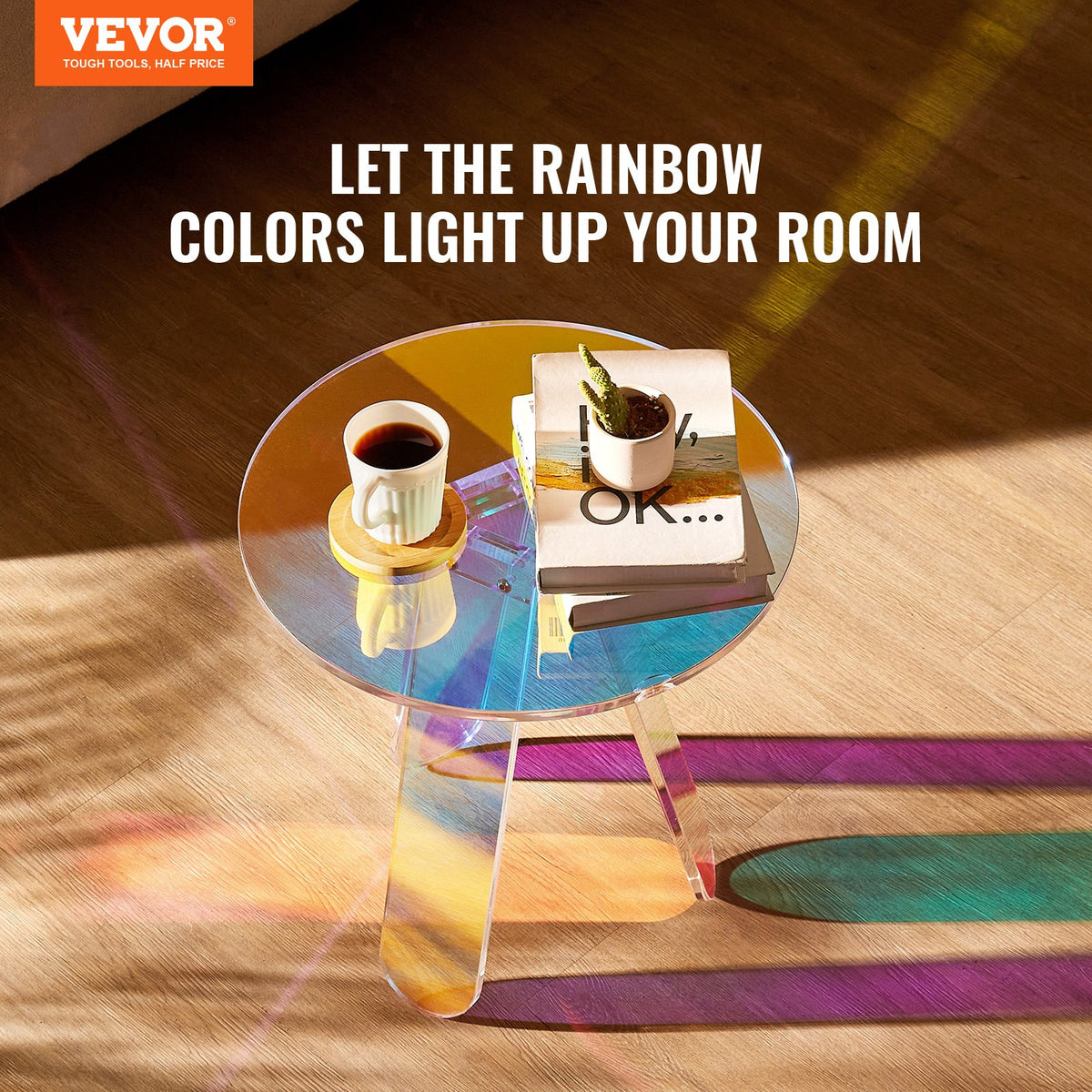 VEVOR Round Iridescent Side Table, Acrylic End Table, Clear Rainbow Acrylic Coffee Table for Drink, Food, Snack used in Living Room, Bedroom, and Study