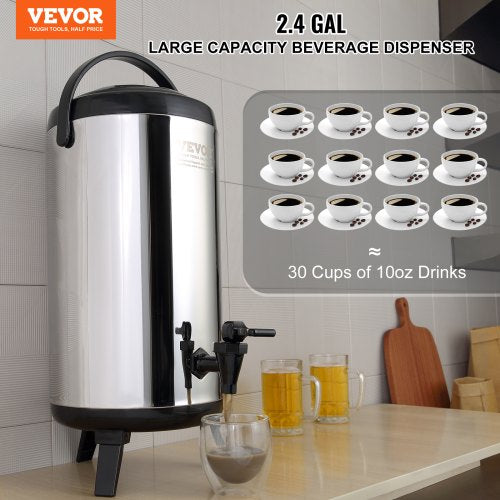 VEVOR Stainless Steel Insulated Beverage Dispenser, 9.2 Liter, Thermal Hot and Cold Drink Server Dispenser with Spigot Handle