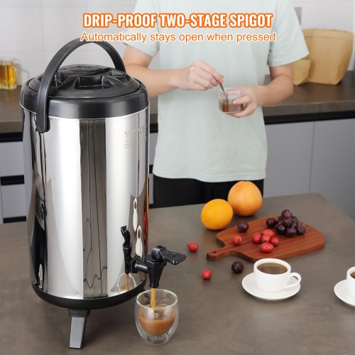 VEVOR Stainless Steel Insulated Beverage Dispenser, 9.2 Liter, Thermal Hot and Cold Drink Server Dispenser with Spigot Handle