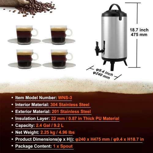 VEVOR Stainless Steel Insulated Beverage Dispenser, 9.2 Liter, Thermal Hot and Cold Drink Server Dispenser with Spigot Handle