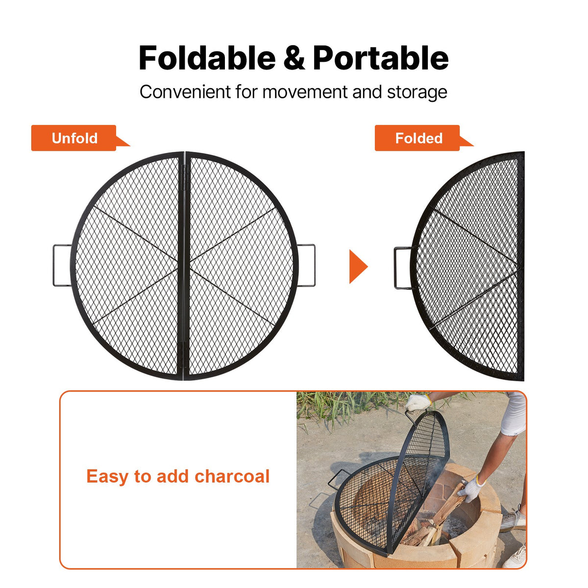 VEVOR X-Marks Fire Pit Grill Grate, Foldable Round Cooking Grate, Heavy Duty Steel Campfire BBQ Grill Grid with Handle and Support X Wire, Portable Camping Cookware for Outside Party, 36 Inch Black