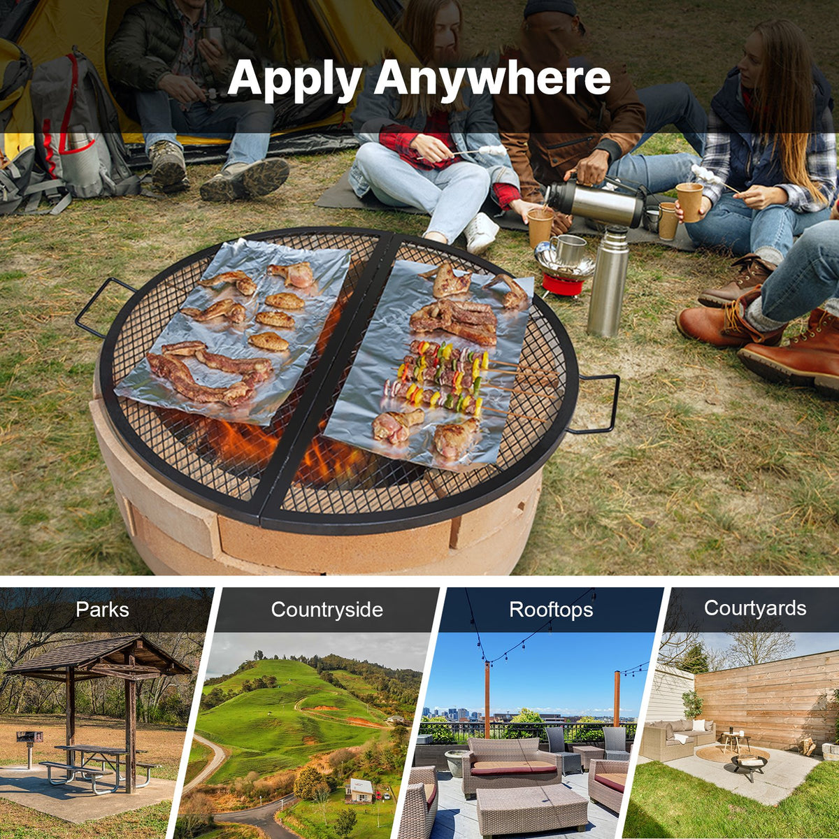 VEVOR X-Marks Fire Pit Grill Grate, Foldable Round Cooking Grate, Heavy Duty Steel Campfire BBQ Grill Grid with Handle and Support X Wire, Portable Camping Cookware for Outside Party, 36 Inch Black