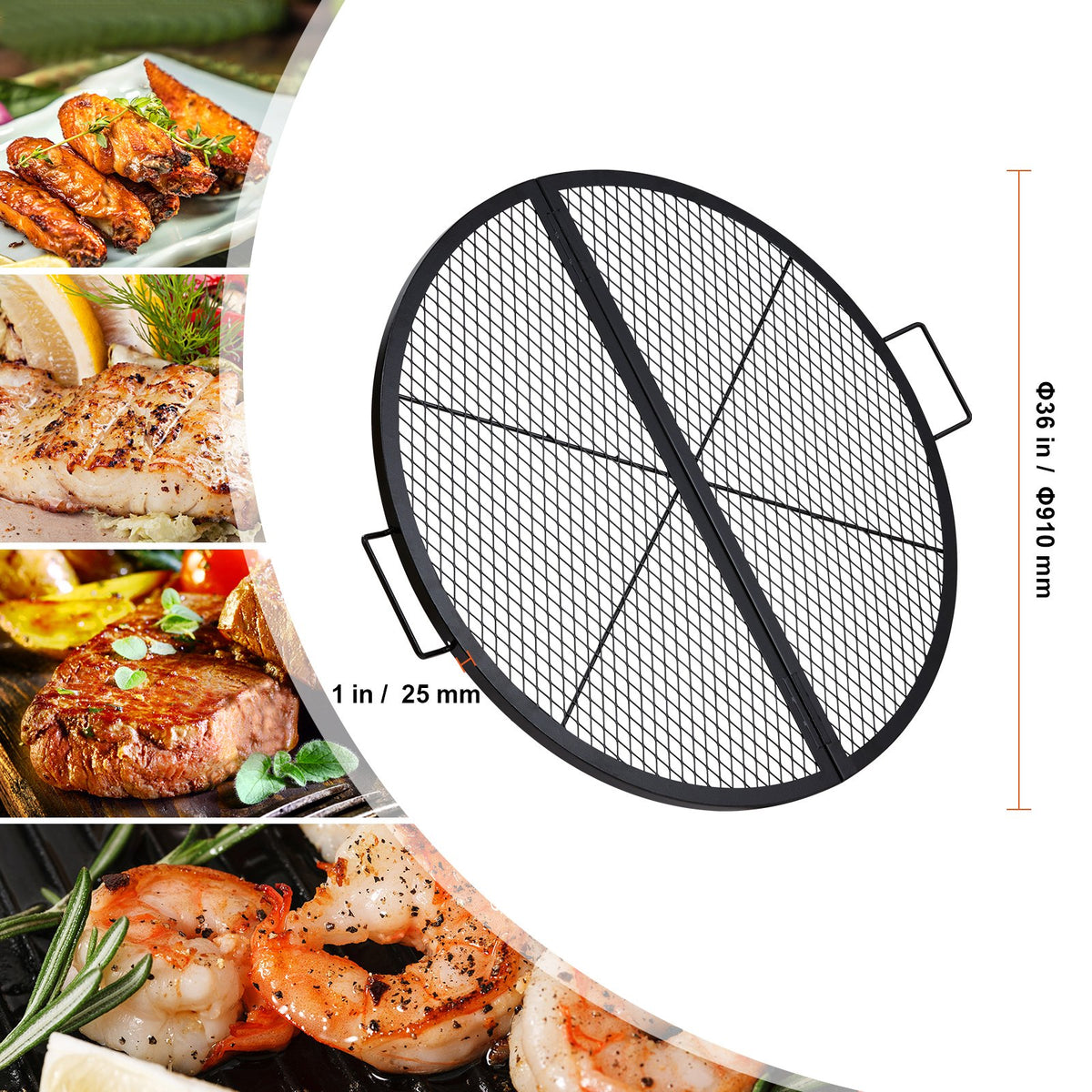 VEVOR X-Marks Fire Pit Grill Grate, Foldable Round Cooking Grate, Heavy Duty Steel Campfire BBQ Grill Grid with Handle and Support X Wire, Portable Camping Cookware for Outside Party, 36 Inch Black