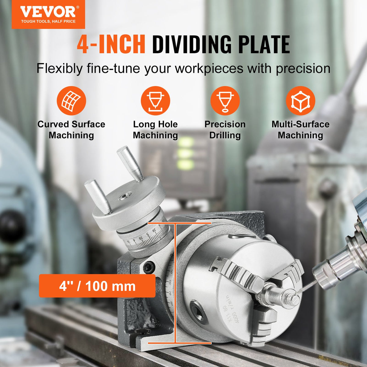 VEVOR Milling Machine Rotary Table, 4''/100 mm, Versatile Horizontal & Vertical Design, Precision Crafted, Includes 3.1''/80 mm 3-Jaw Chuck, M10 T-Bolts & Nuts, Ideal for Engineering & Indexing