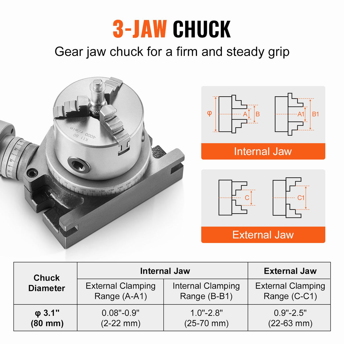 VEVOR Milling Machine Rotary Table, 4''/100 mm, Versatile Horizontal & Vertical Design, Precision Crafted, Includes 3.1''/80 mm 3-Jaw Chuck, M10 T-Bolts & Nuts, Ideal for Engineering & Indexing