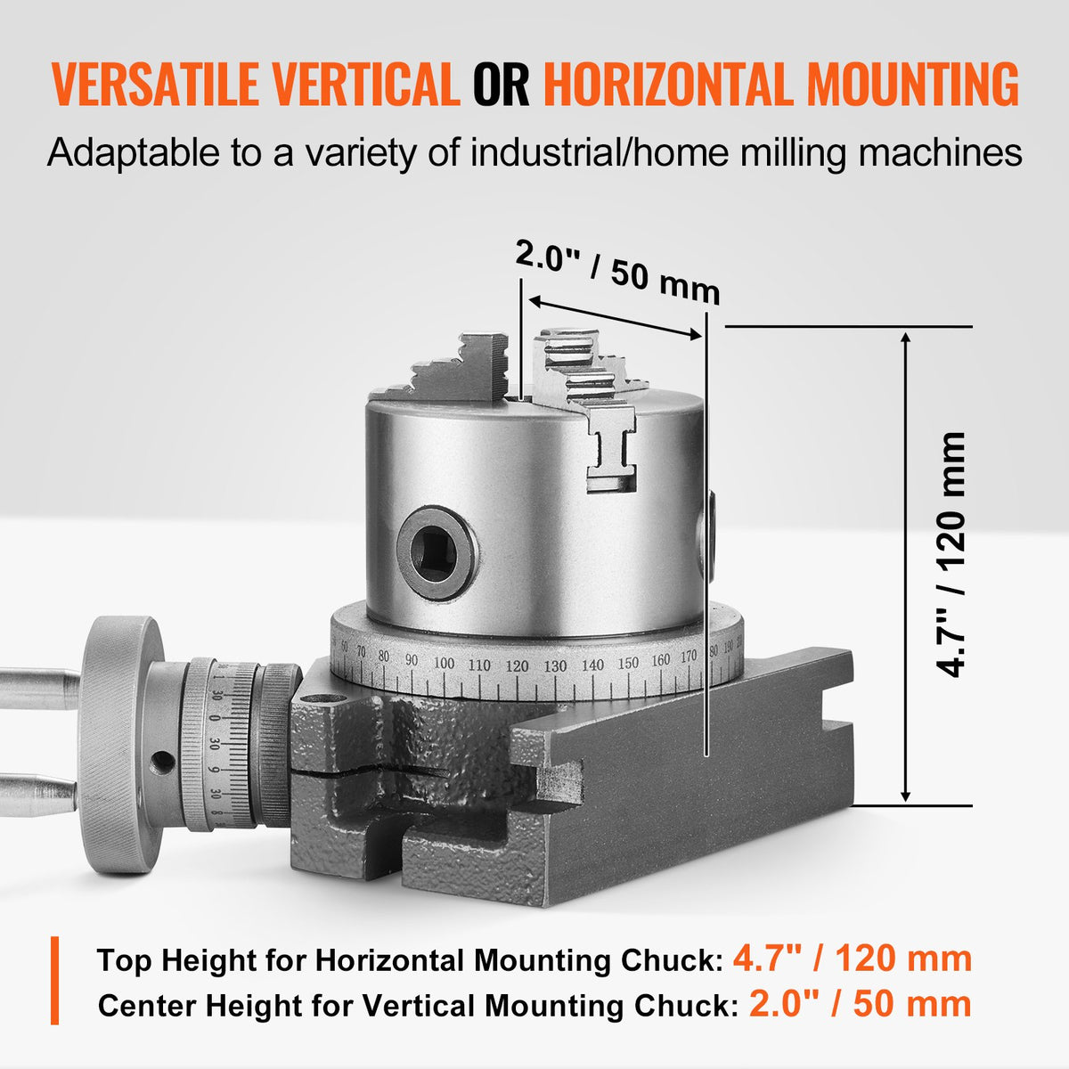 VEVOR Milling Machine Rotary Table, 4''/100 mm, Versatile Horizontal & Vertical Design, Precision Crafted, Includes 3.1''/80 mm 3-Jaw Chuck, M10 T-Bolts & Nuts, Ideal for Engineering & Indexing