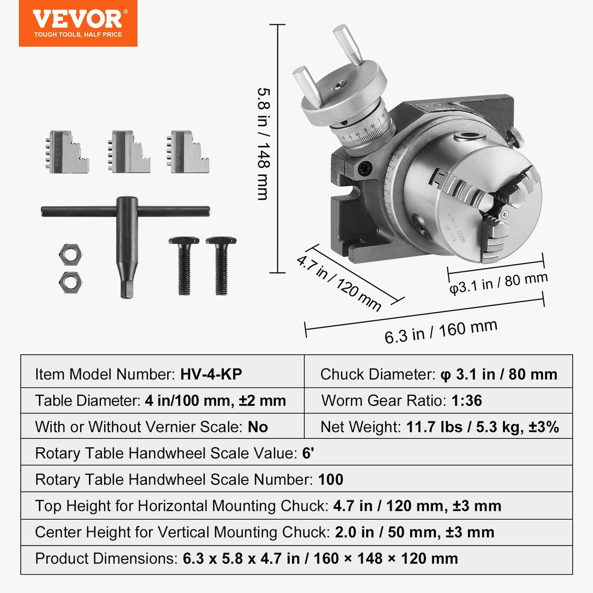 VEVOR Milling Machine Rotary Table, 4''/100 mm, Versatile Horizontal & Vertical Design, Precision Crafted, Includes 3.1''/80 mm 3-Jaw Chuck, M10 T-Bolts & Nuts, Ideal for Engineering & Indexing