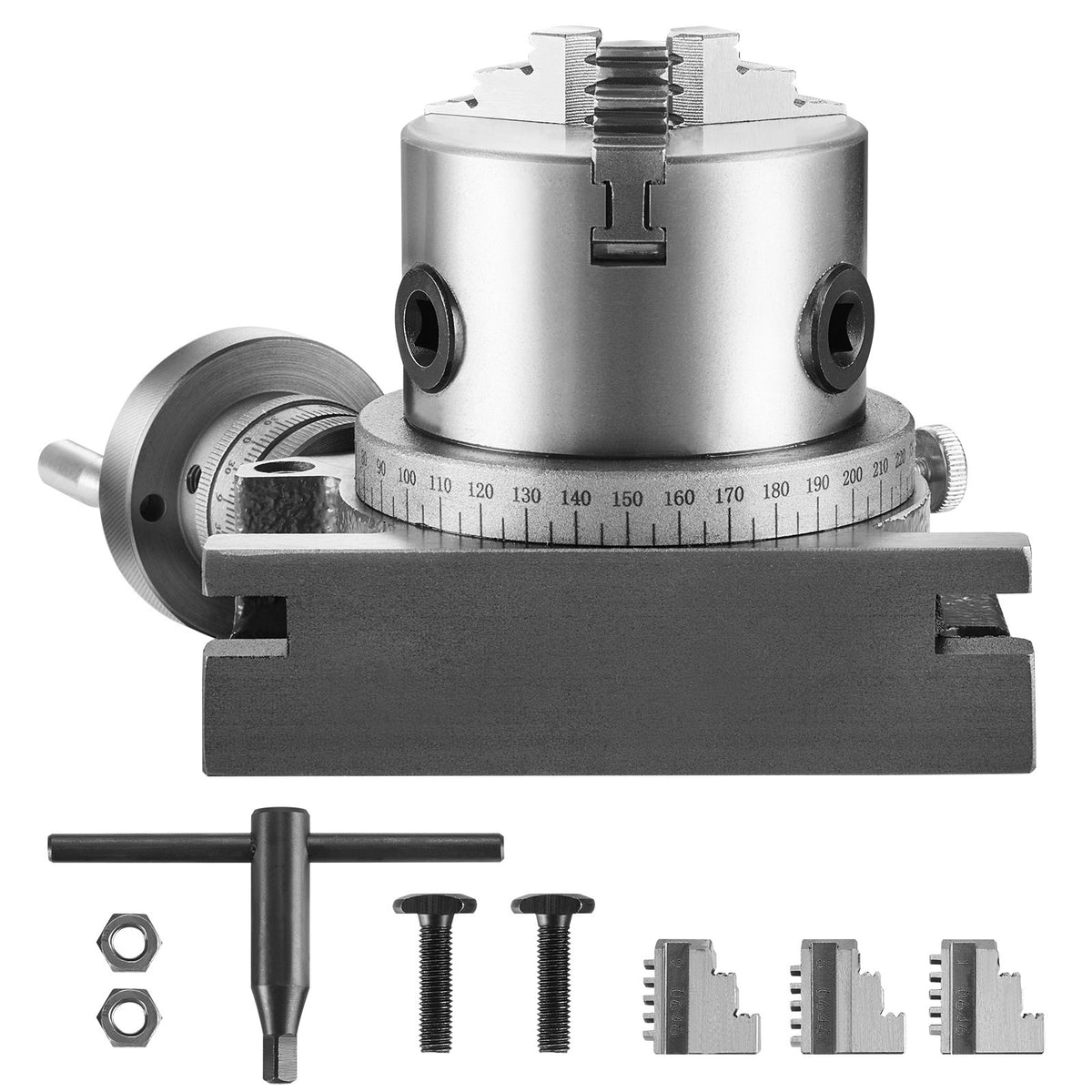 VEVOR Milling Machine Rotary Table, 4''/100 mm, Versatile Horizontal & Vertical Design, Precision Crafted, Includes 3.1''/80 mm 3-Jaw Chuck, M10 T-Bolts & Nuts, Ideal for Engineering & Indexing