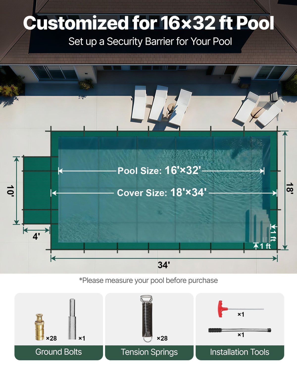 VEVOR Pool Safety Cover Fits 16x32ft Rectangle Inground Pools, Safety Pool Cover with 4x10ft Center End Step, Mesh Solid Pool Cover with Drainage Holes for Swimming Pool, Winter Safety Cover, Green