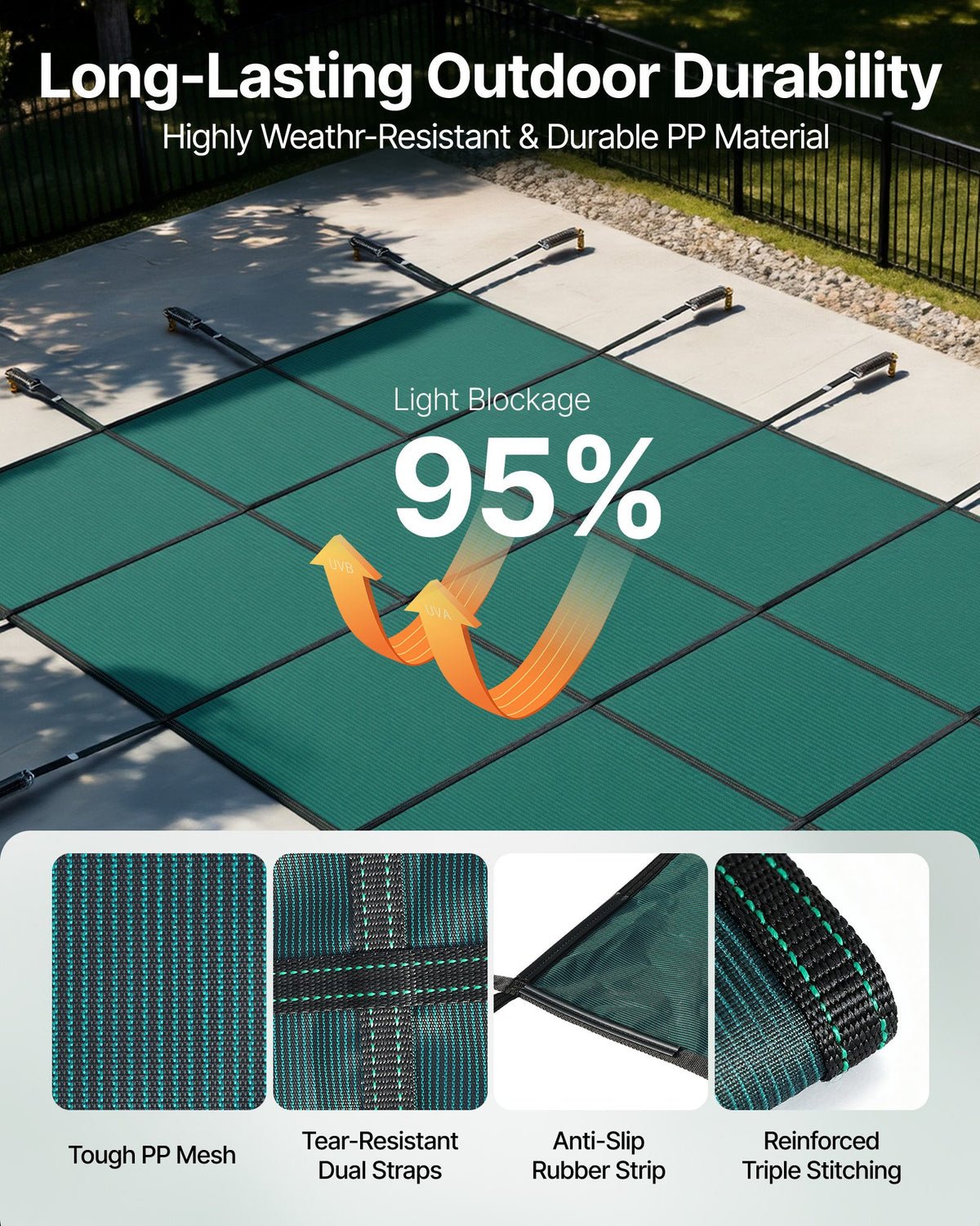 VEVOR Inground Pool Safety Cover, 14 ft x 26 ft Rectangular Winter Pool Cover, Triple Stitched, High Strength Mesh PP Material with Good Rain Permeability, Installation Hardware Included, Green