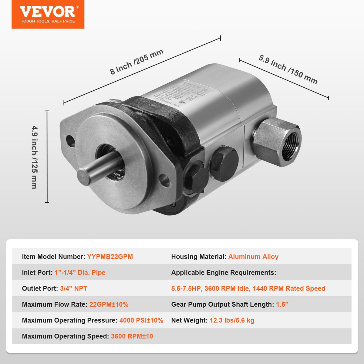 VEVOR Hydraulic Log Splitter Pump, 22GPM, 2 Stage 4000PSI Wood Log Splitter Pump, 1-1/4'' Inlet 3/4'' NPT Outlet 3600 RPM Aluminum Hydraulic Gear Pump, for Small Engine Mounting Log Splitters Snowplow