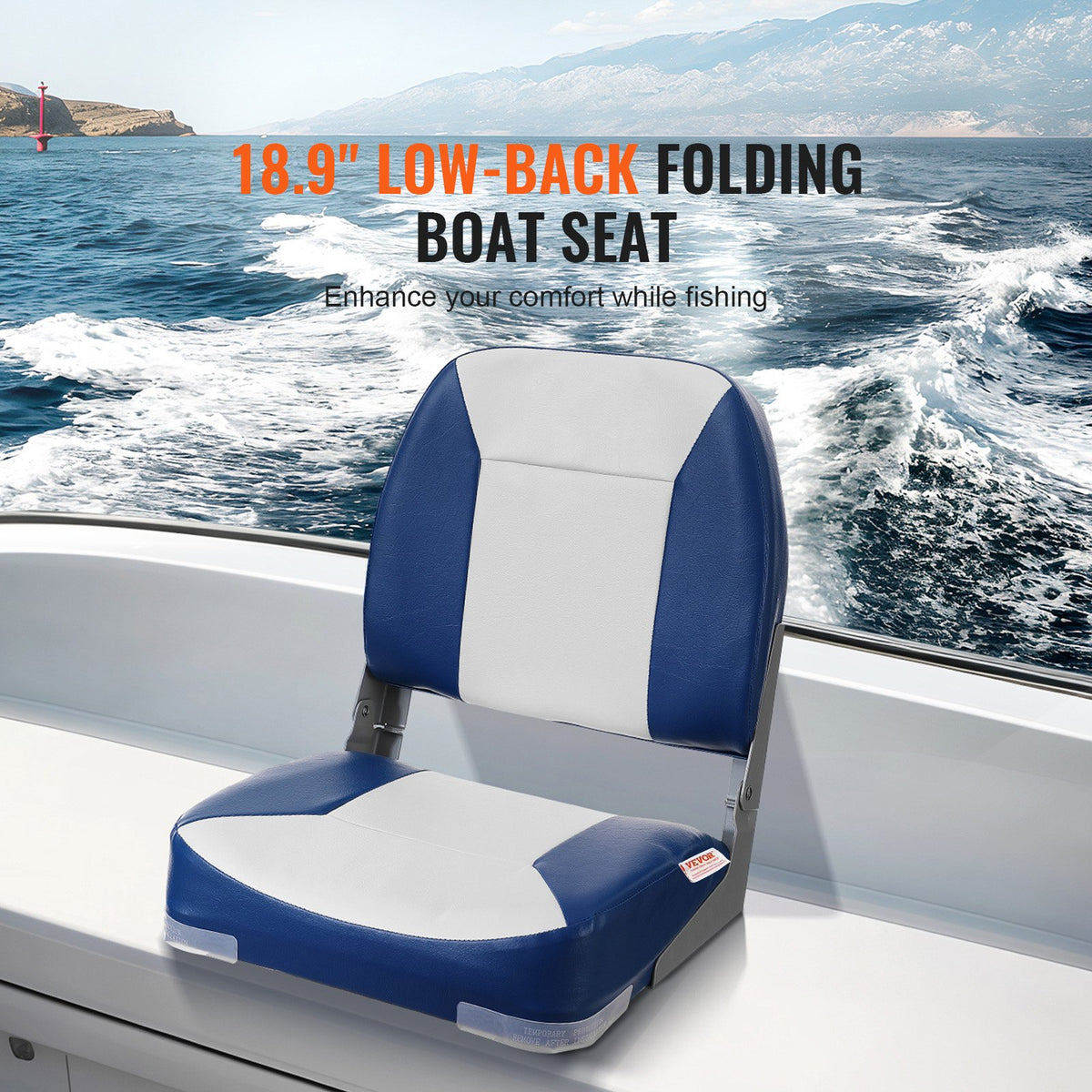 VEVOR Boat Seat, 18.9" Low Back Boat Seat, Folding Boat Chair with Thickened Sponge Padding and Hinge, Fold-Down Boat Captain Chair for Fishing Boat, Sightseeing Boat, Speedboat, Canoe, 1-Piece