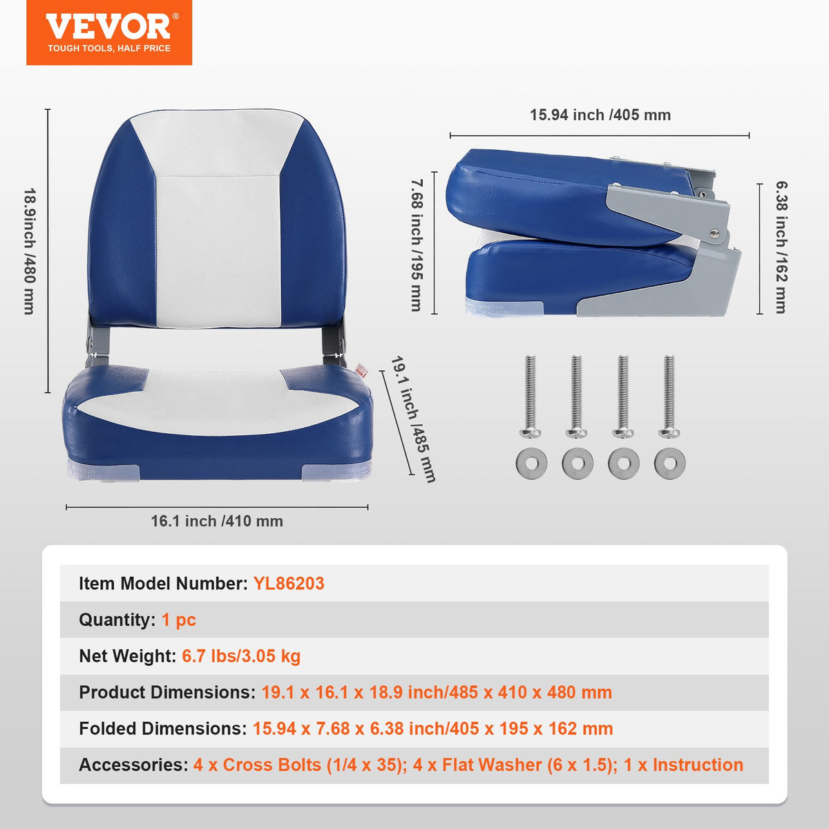 VEVOR Boat Seat, 18.9" Low Back Boat Seat, Folding Boat Chair with Thickened Sponge Padding and Hinge, Fold-Down Boat Captain Chair for Fishing Boat, Sightseeing Boat, Speedboat, Canoe, 1-Piece
