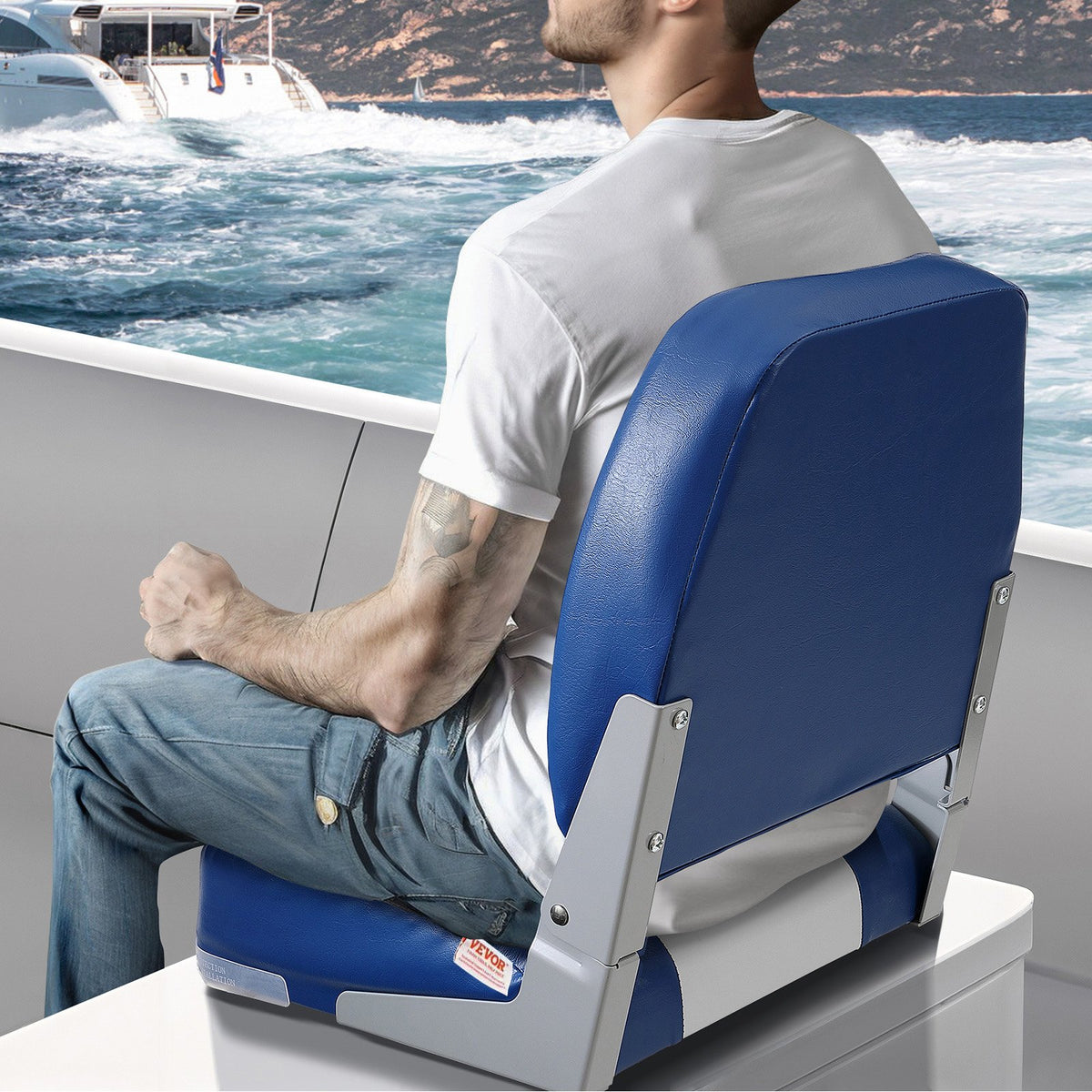 VEVOR Boat Seat, 18.9" Low Back Boat Seat, Folding Boat Chair with Thickened Sponge Padding and Hinge, Fold-Down Boat Captain Chair for Fishing Boat, Sightseeing Boat, Speedboat, Canoe, 1-Piece