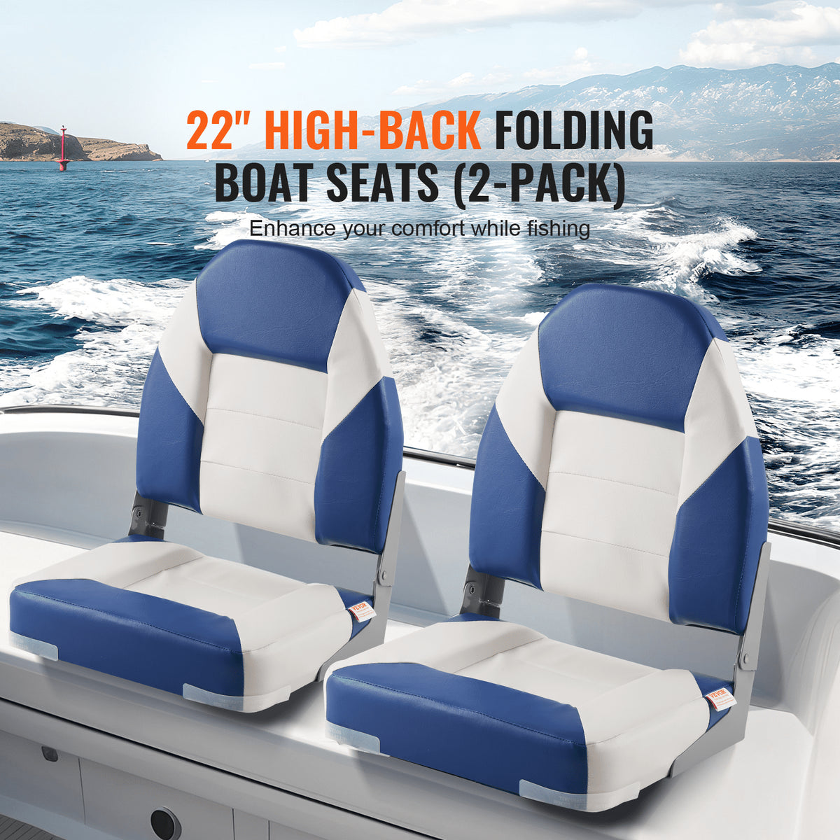 VEVOR Boat Seats, 21.85" High Back Boat Seat, Folding Boat Chair with Thickened Sponge Padding and Hinge, Fold-Down Boat Captain Chairs for Fishing Boat, Sightseeing Boat, Speedboat, Canoe, 2-Pack