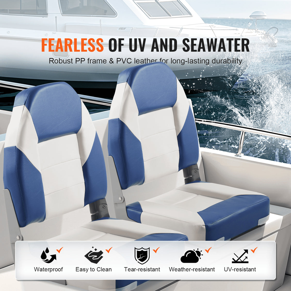 VEVOR Boat Seats, 21.85" High Back Boat Seat, Folding Boat Chair with Thickened Sponge Padding and Hinge, Fold-Down Boat Captain Chairs for Fishing Boat, Sightseeing Boat, Speedboat, Canoe, 2-Pack