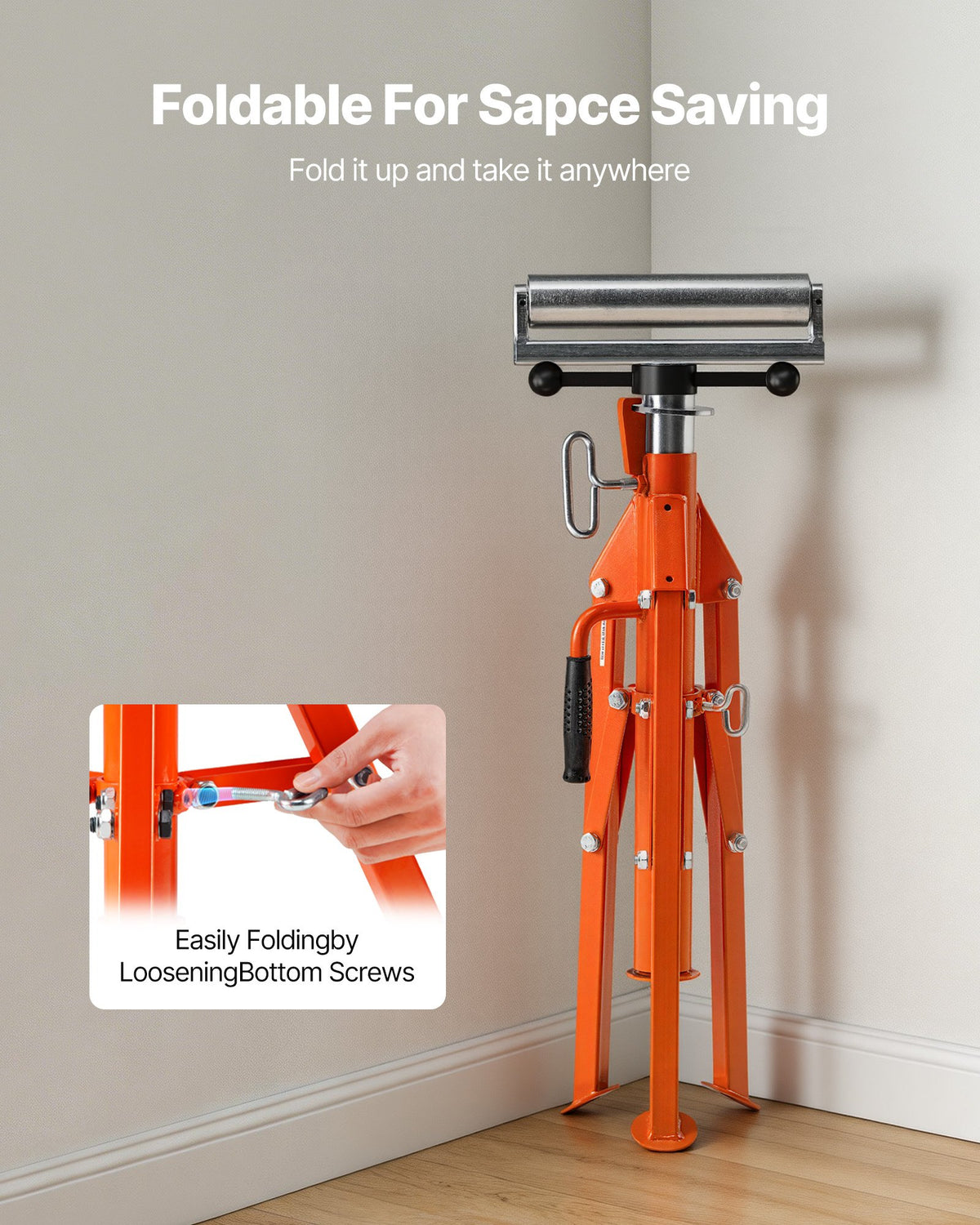 VEVOR Roller Stand, Heavy Duty 2500 LBS Load Capacity, 27.6"-52" Height Adjustable, 45# Steel Folding Roller Support Stand for Pipes, Wooden Boards
