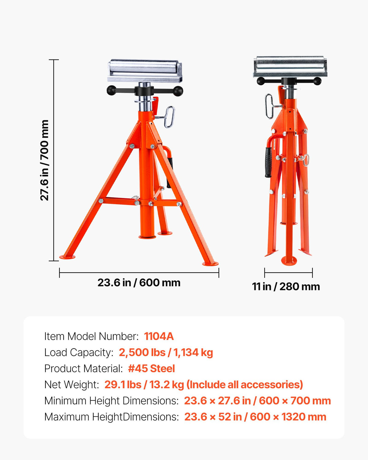 VEVOR Roller Stand, Heavy Duty 2500 LBS Load Capacity, 27.6"-52" Height Adjustable, 45# Steel Folding Roller Support Stand for Pipes, Wooden Boards
