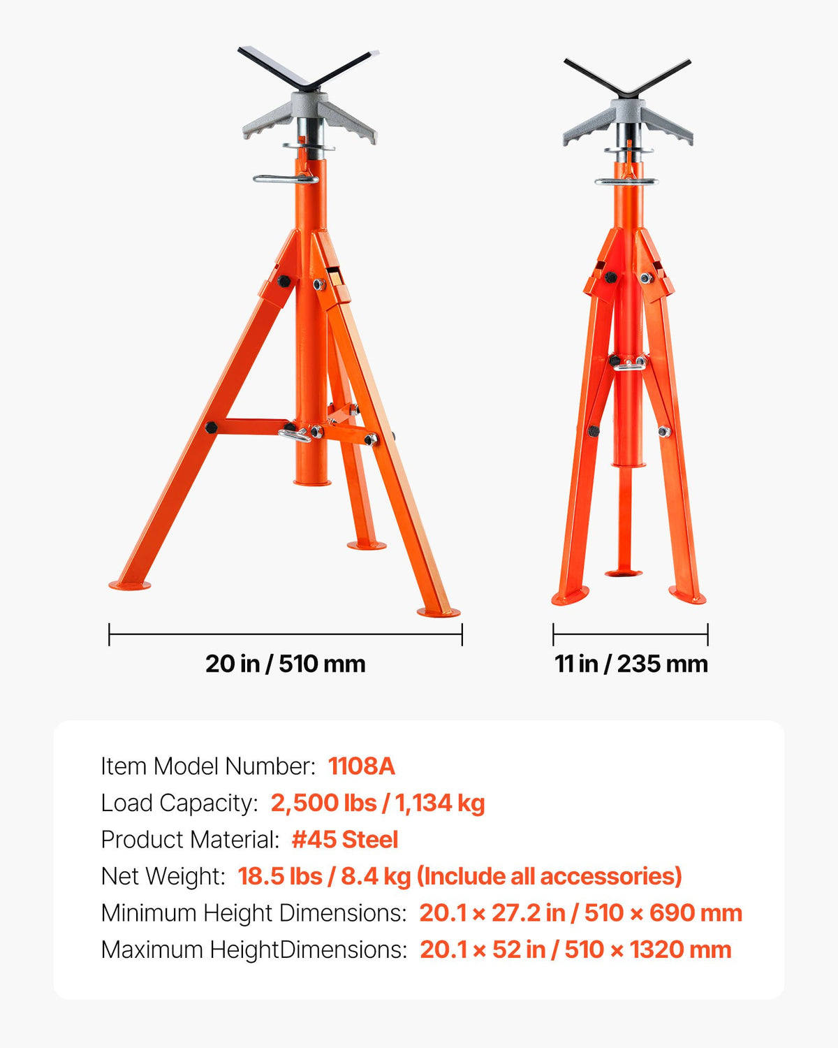 VEVOR Pipe Stand, 2500LBS Heavy Duty Pipe Stands, 27.2"-52" Height Adjustable V Head Pipe Stand, 45# Steel Folding Stand for 1/2-12 inches Pipes