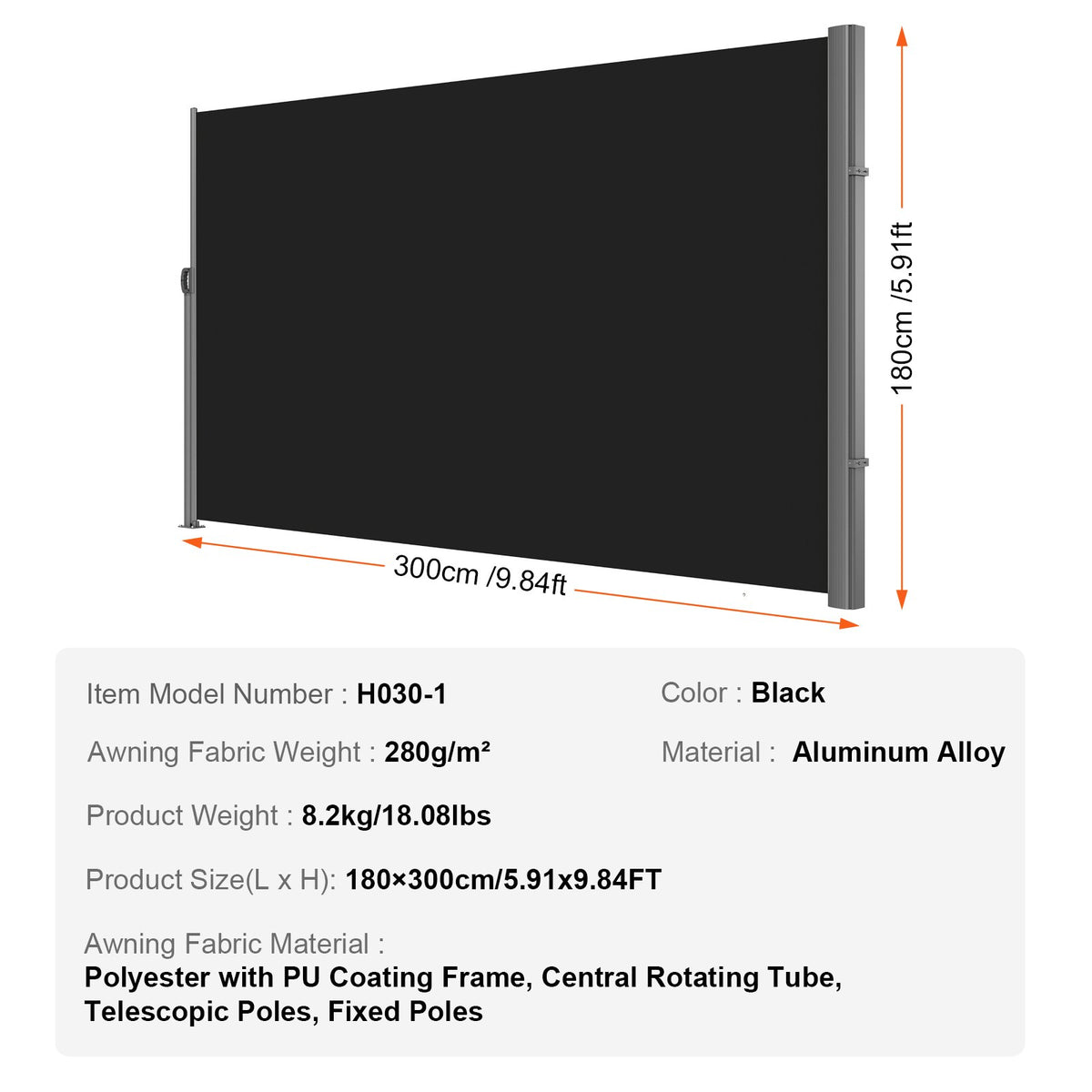 VEVOR Retractable Side Awning, 71''x 118'' Aluminum Outdoor Privacy Screen, 280g Polyester Water-proof Retractable Patio Screen, UV 30+ Room Divider Wind Screen for Patio, Backyard, Balcony, Black