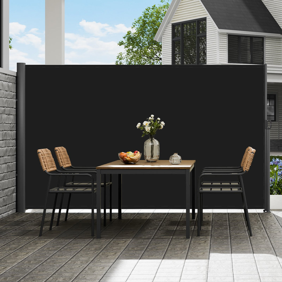 VEVOR Retractable Side Awning, 71''x 118'' Aluminum Outdoor Privacy Screen, 280g Polyester Water-proof Retractable Patio Screen, UV 30+ Room Divider Wind Screen for Patio, Backyard, Balcony, Black