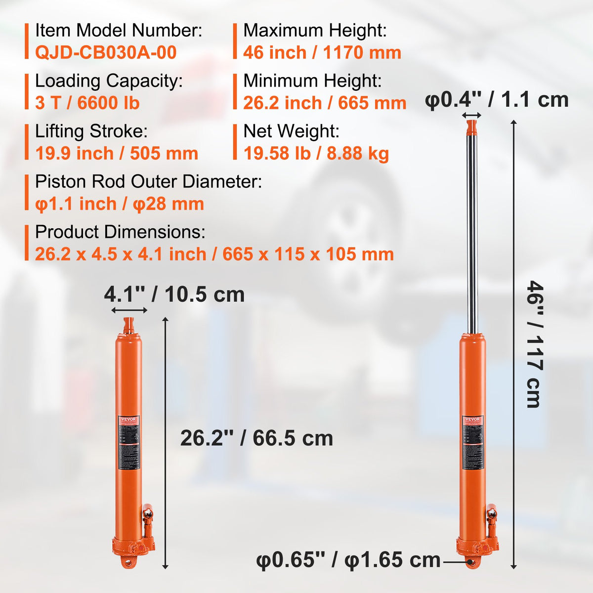 VEVOR Hydraulic Long Ram Jack, 3 Ton Engine Hoist Cylinder with Single Piston Pump And Clevis Base, Hydraulic Ram Cylinder for Engine Lift Hoists, Hydraulic Garage/Shop Cranes, Mechanical, Farm