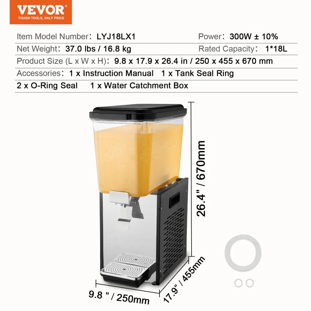 Serve drinks with ease using the VEVOR 18L Commercial Beverage Dispenser. Built with durable 304 food-grade stainless steel and a powerful 300W cooling system, this dispenser keeps beverages chilled between 7°C and 12°C